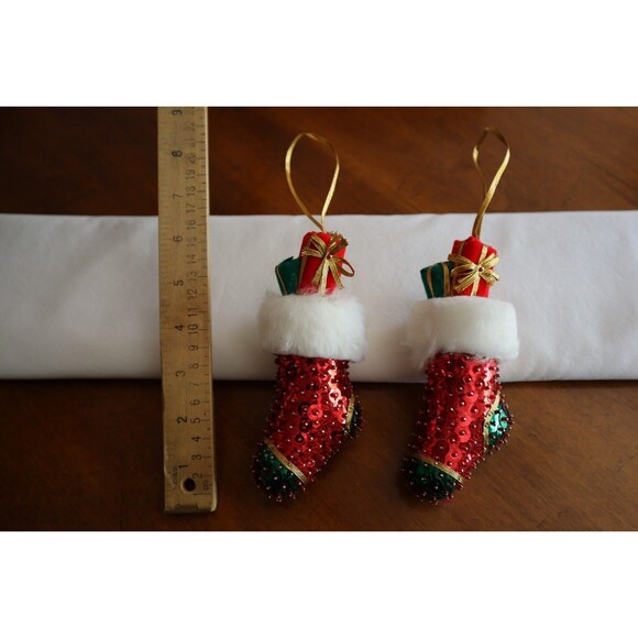 Vtg Lot of 2 Handmade Sequin Beaded Boot Stocking Christmas Ornaments Sulyn - Picture 3 of 12